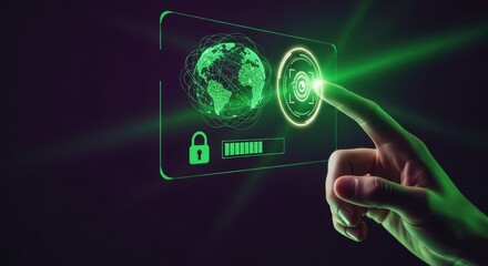 Human hand touching a glowing green digital interface with global network and security icons.