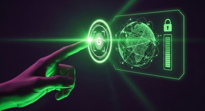 Human hand interacting with a glowing green digital security interface and global network
