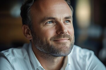 Obraz premium Close up of a smiling businessman looking away, deep in thought while confidently looking ahead to new opportunities, Generative AI