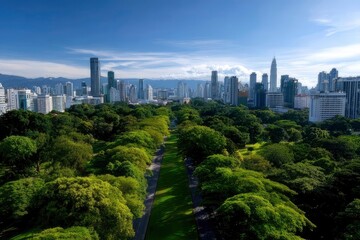 Obraz premium Aerial view of a city skyline framed by lush green trees lining a central grassy path