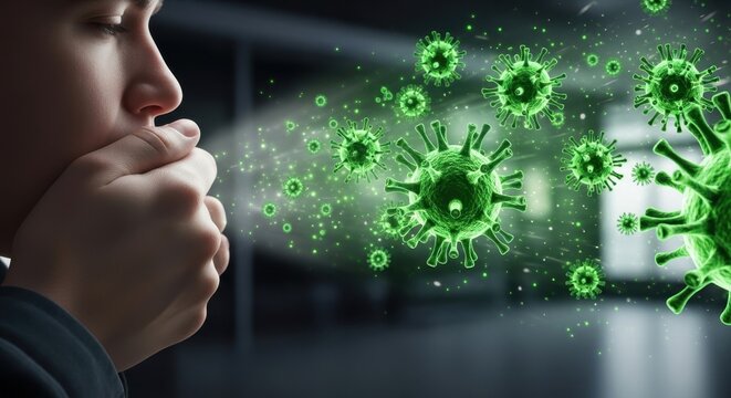 Man covering mouth to prevent virus spread, showing airborne transmission of infection