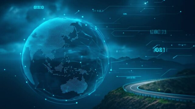 Futuristic Digital Globe with Binary Code Elements. High-Tech Theme of Global Connectivity and Data Flow. Stylized Glowing Blue Globe on a Dark, Cloudy Background. Mysterious Atmosphere