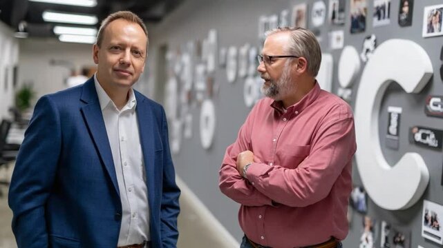 Corporate Conversation: Two professionals engage in an animated discussion within a modern corporate setting, their dialogue suggesting collaborative brainstorming or a meeting of minds.