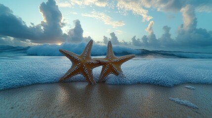 Two starfish on a beach at sunrise, waves gently lapping