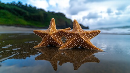 Two starfish on a wet beach reflect in the shallows, with a dramatic coastal backdrop