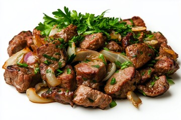 Qovurdoq cubes of sauted meat and onions garnished with fresh herbs presented on a white background