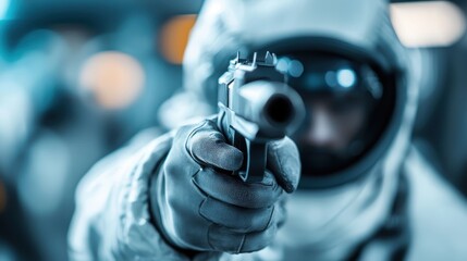 An astronaut donning a space suit dramatically points a gun forward, depicting a tense and dramatic moment set in a futuristic, technological environment.