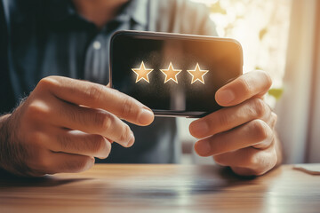 Man Holding Smartphone Showing Three Gold Stars Rating