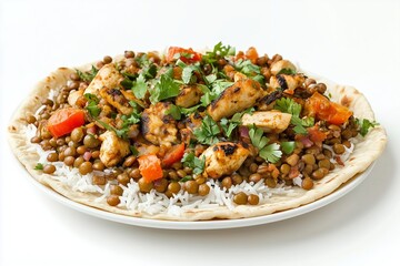 Rfissa with chicken and lentils served over shredded flatbread on a clean white background for a vibrant culinary presentation