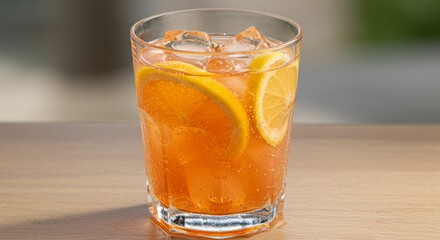 Refreshing Orange and Lemon Cocktail with Ice in Glass