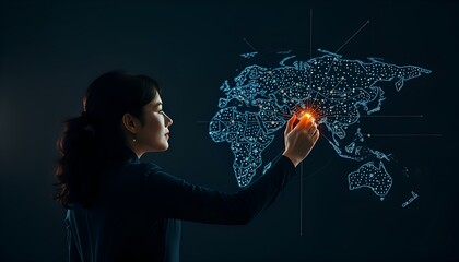 Woman interacts with glowing world map interface highlighting global connections and technology