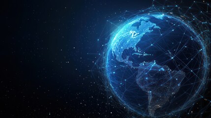 Fototapeta premium A digital illustration of Earth, surrounded by a network of glowing lines, set against a dark space background. The continents are visible through the network, with a focus on the Americas