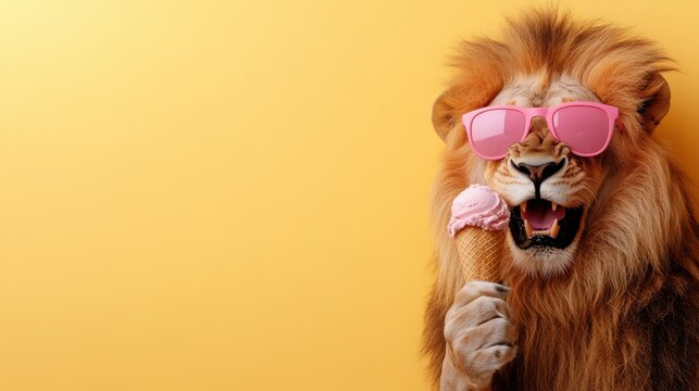 A fun and whimsical image of a lion wearing pink sunglasses while enjoying a scoop of ice cream, blending humor with a playful twist on traditional wildlife themes.