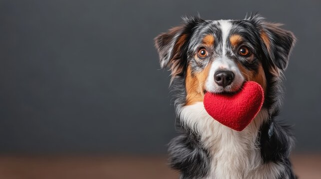 A charming dog holds a red heart toy in its mouth, showcasing an adorable expression. This image captures the essence of love and companionship shared between pets and humans.