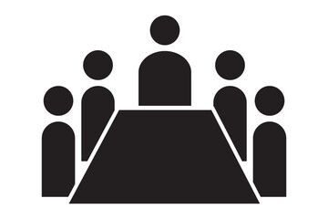 Meeting room icon. Illustration of a meeting with five people sitting around a square table in a conference room setting. 