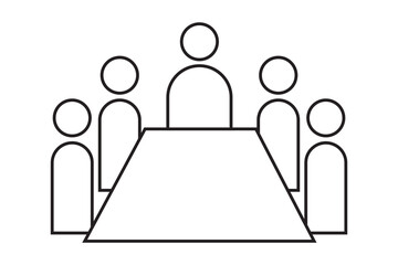Meeting room icon. Illustration of a meeting with five people sitting around a square table in a conference room setting. 
