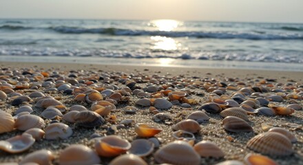 Seashells on Sandy Beach at Sunset