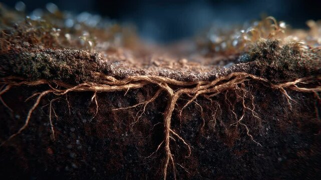Macro view of soil section revealing intricate root network beneath the surface