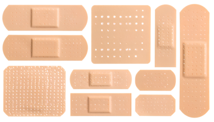 Set of Realistic Adhesive Bandages in Various Sizes on Transparent Background PNG