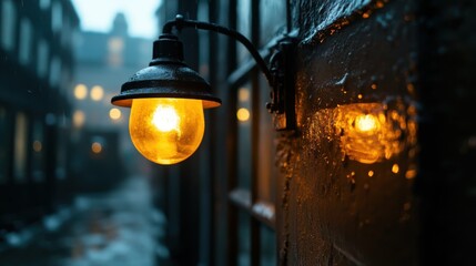 A rustic lamp glowing softly in a rainy alleyway, capturing the charm of vintage aesthetics and creating a warm, inviting atmosphere amid a moody and wet urban environment.