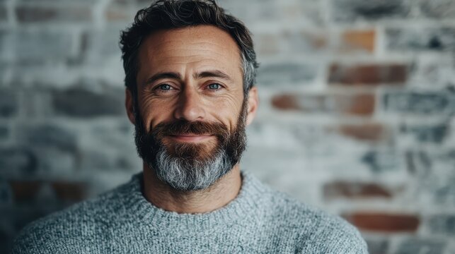 A mature man with a beard smiling warmly against a rustic brick wall, reflecting confidence, positivity, and approachability in a casual, artistic portrait setting.