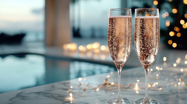 Two elegant flutes of sparkling rosé sit beside a serene pool, with festive lights reflecting nearby, capturing the essence of celebration and luxury in an outdoor setting.