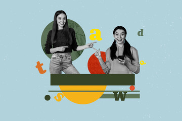 Pop art full zine photo collage of happy girl guy stand library academic book stack education...