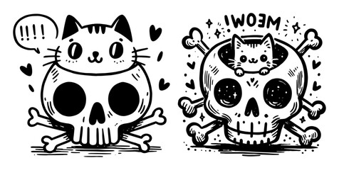 cute cat skull cartoon illustration with bones