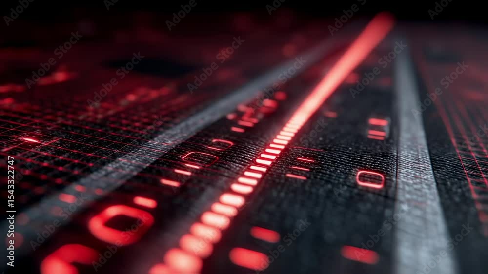 Aufkleber Red glowing binary code stream flowing on a dark digital background, creating a futuristic technological landscape representing innovation in computer science and data processing