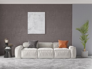 Mock up of a stylish living room with an exclusive comfortable sofa and a fashionable decorative background, 3D rendering.