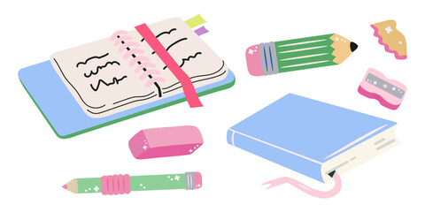 School cartoon retro groovy supplies stickers. Back to school theme. Cute pastel textbooks, notebooks, backpack, pencils. All for learning. Vector illustration