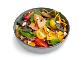 Bowl with delicious Italian pasta salad on white background