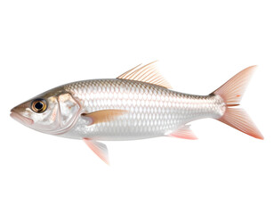 Fototapeta premium Sand Mullet Fish Portrait: Captivating portrait of a Sand Mullet fish, isolated, showcases its sleek, silvery scales and fins, an aquatic creature.