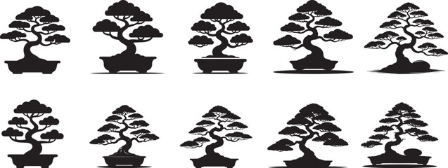 Collection of black silhouette bonsai trees. eps-10
