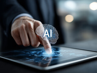 Businessman touching a digital hologram of an artificial intelligence icon with a brain on a smartphone screen, displaying AI technology and big data concepts in a futuristic virtual space background.
