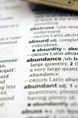 Close Up Of English Dictionary Page With Word - Abundance