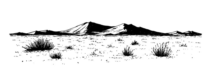 desert landscape with bushes and mountains line art © Mago