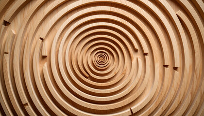 Naklejka premium Wooden Maze: A mesmerizing display of craftsmanship, showcasing a meticulously carved wooden maze with concentric circular pathways, inviting viewers to lose themselves in its intricate design.