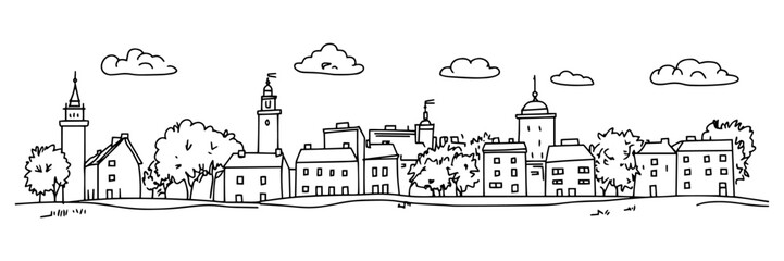 european town skyline with trees and clouds line art © Mago