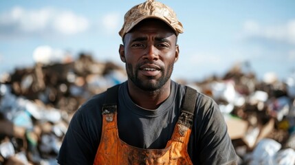 A dedicated worker in a waste management facility, wearing an orange vest and a cap, showcasing the importance of waste management in keeping our environments clean.