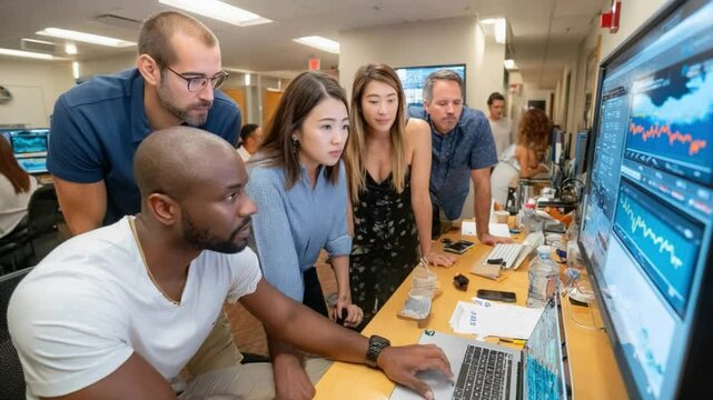 Collaboration in Trading: A focused team of diverse professionals intensely analyze financial data on multiple screens. - Powered by Adobe