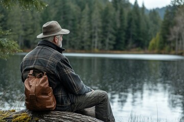 Senior man sitting on log and looking at the lake, enjoying the tranquility and peacefulness of nature while reflecting by the water's edge, Generative AI
