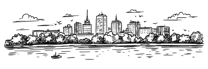 Obraz premium city skyline by river with trees and boat illustration