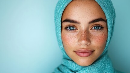 A stunning woman poses elegantly with a turquoise hijab, accentuating her captivating blue eyes and freckles, celebrating beauty, diversity, and cultural expression.