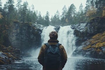 Obraz premium Tourist enjoying by a waterfall in forest, standing in awe of the natural beauty and feeling refreshed by the peaceful surroundings, Generative AI