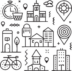 A festive line art illustration featuring birthday-themed icons such as a cake, balloons, gifts, party hats, champagne glasses, fireworks, and decorations, all arranged in a circular layout.