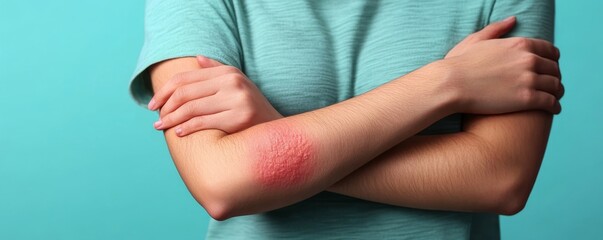 Person experiencing a red rash on their arm from an insect bite, dealing with an allergic reaction., Generative AI
