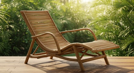 Rattan Chaise Lounge on Wooden Deck in Tropical Garden