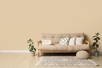 Cozy sofa, houseplants and pouf in interior of living room