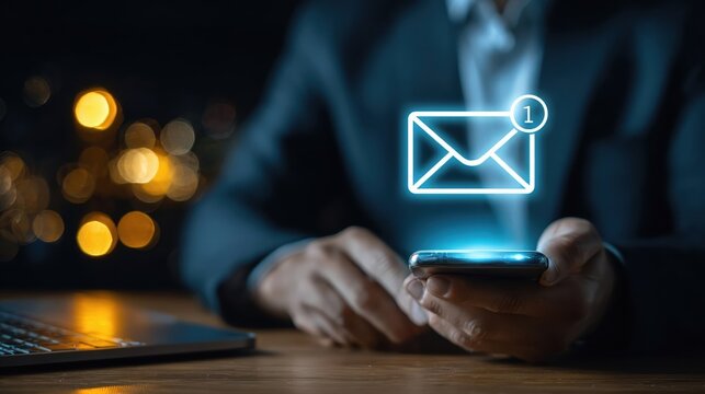 A man checks his phone after receiving an important business email in a dark office at night.